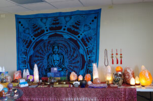 our meditation section with Himalayan salt lamps, singing bowls, malas, wishing lanterns, etc